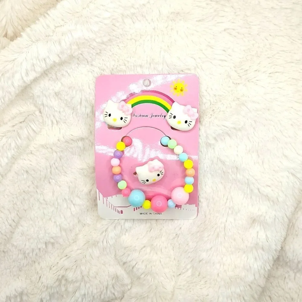 Hello kitty little girl jewelry bundle bracelet clip on earrings ring set